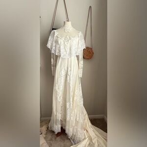 Vintage 1970s Alfred Angelo High Neck Long Sleeve Lace Wedding Gown, Train